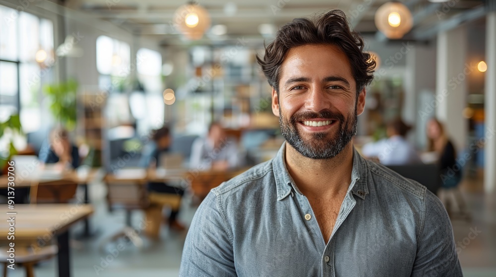 Fototapeta premium Smiling Man With Beard Sitting in Modern Office Environment During Daytime