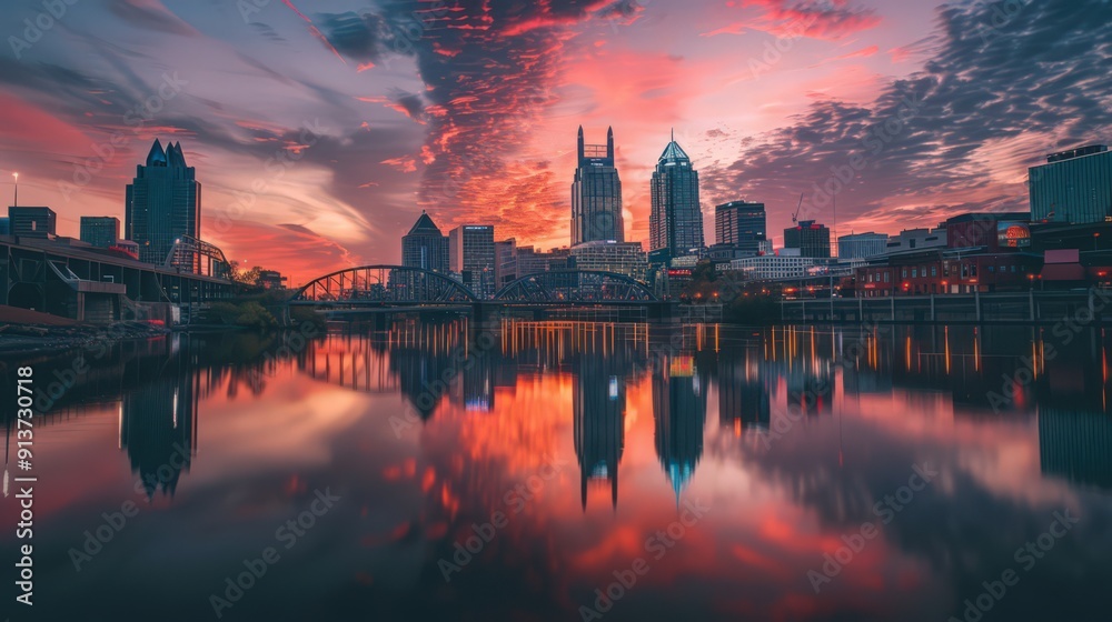 Naklejka premium serene elegance of a city skyline reflected in a calm river.