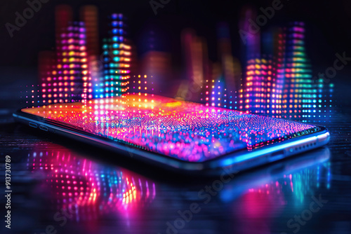 A modern smartphone on a table emits a neon holographic glow. Generated by artificial intelligence