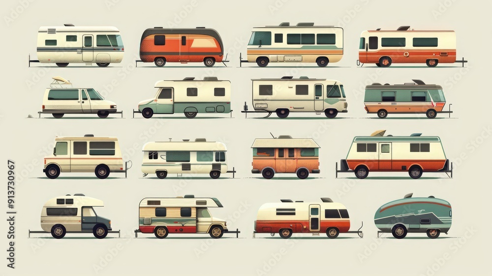 spirit of adventure with transportation icons depicting camper vans, RVs, spirit of adventure with transportation icons depicting camper vans, RVs,