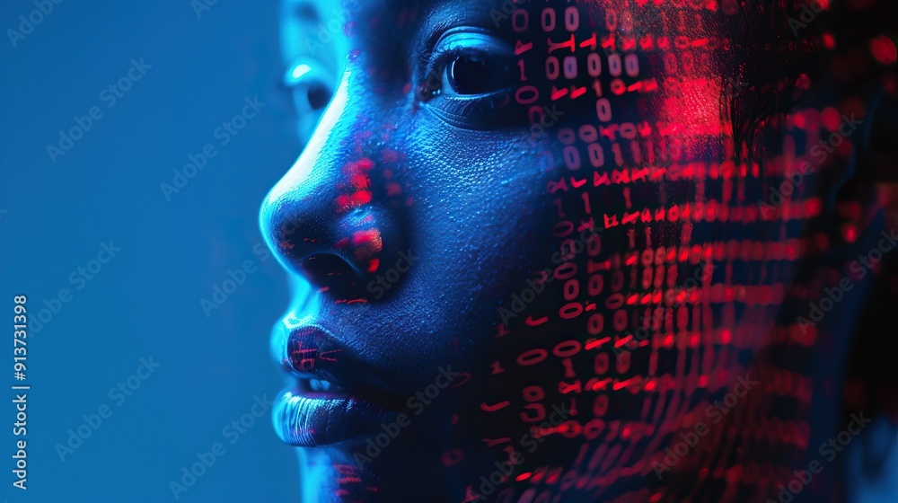 a minimalist advertising photo for an AI company. DNA. binary code. face, duotone of fluorescent blue and neon orange a minimalist advertising photo for an AI company. DNA. binary code. face, duotone of fluorescent blue and neon orange