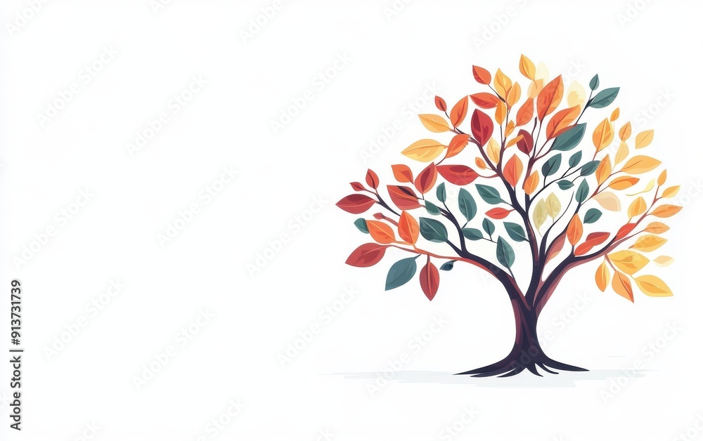 Cartoon-style tree with simple lines and vibrant leaves, colorful and clean, 2D style, white background, room for text Cartoon-style tree with simple lines and vibrant leaves, colorful and clean, 2D style, white background, room for text