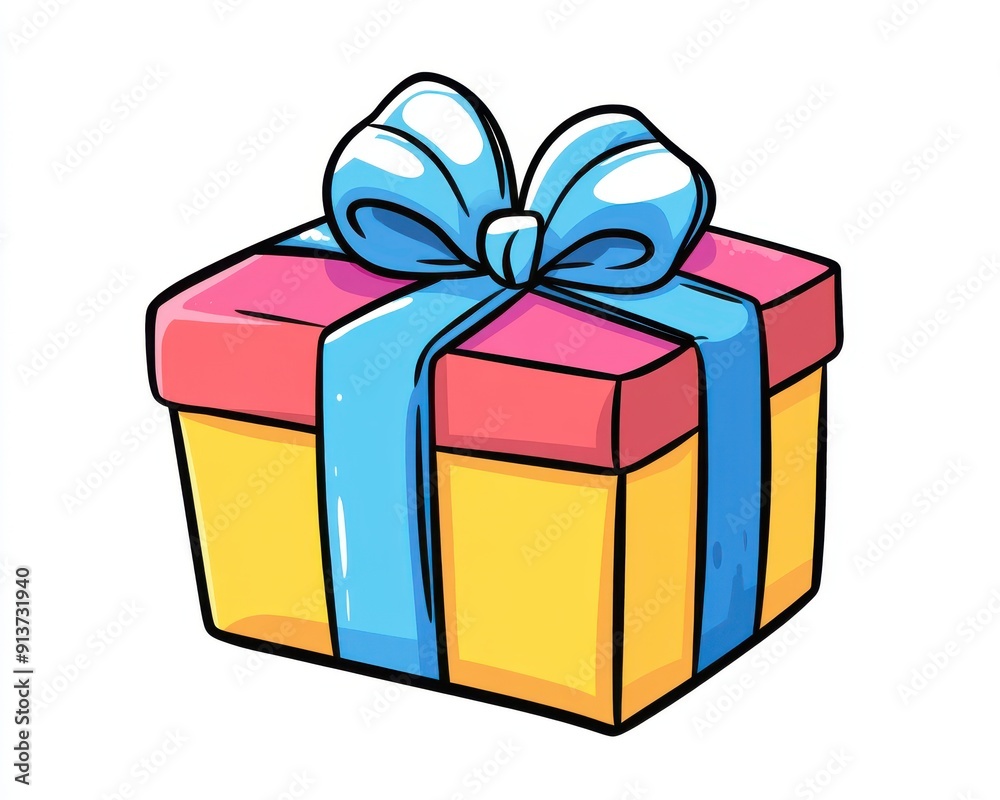 Obraz premium Colorful 2D cartoon of a holiday gift box with a ribbon, clean lines, isolated on white background, plenty of copy space