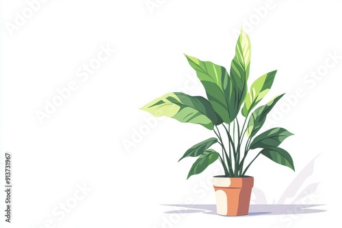 Colorful 2D cartoon of a lone houseplant in a pot, clean lines, isolated on white background, plenty of copy space