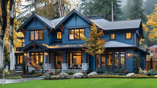 Blue House with Fall Foliage - Photo photo