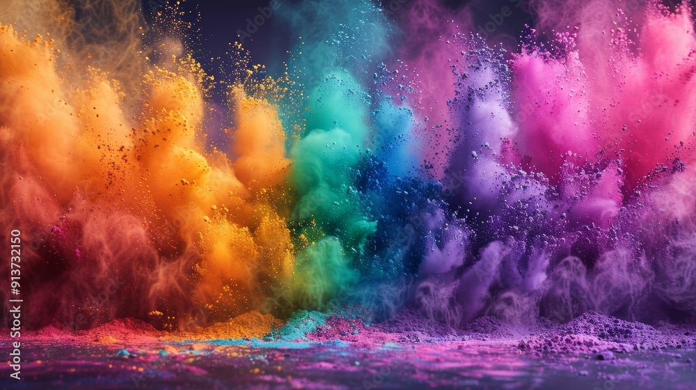 Fototapeta premium Vibrant Color Explosion at Holi Festival Celebration With People Dancing Joyfully