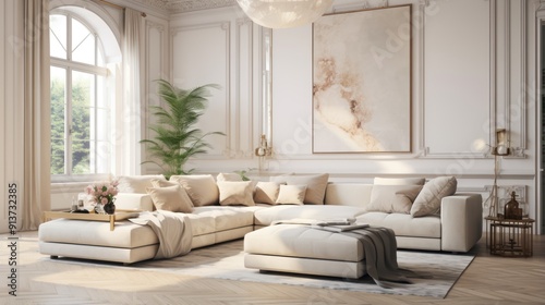 Luxury corner beige sofa and poufs in classic apartment