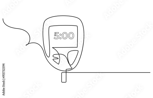 Continuous one line drawing of diabetes equipment's. Medical health care concept. Minimalistic art. Continuous one line drawing of diabetes measuring blood sugar before meal. Diabetic health concept