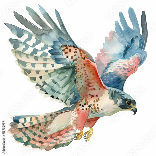 Colorful Watercolor Painting of a Hawk in Flight with Detailed Feathers and Spread Wings photo