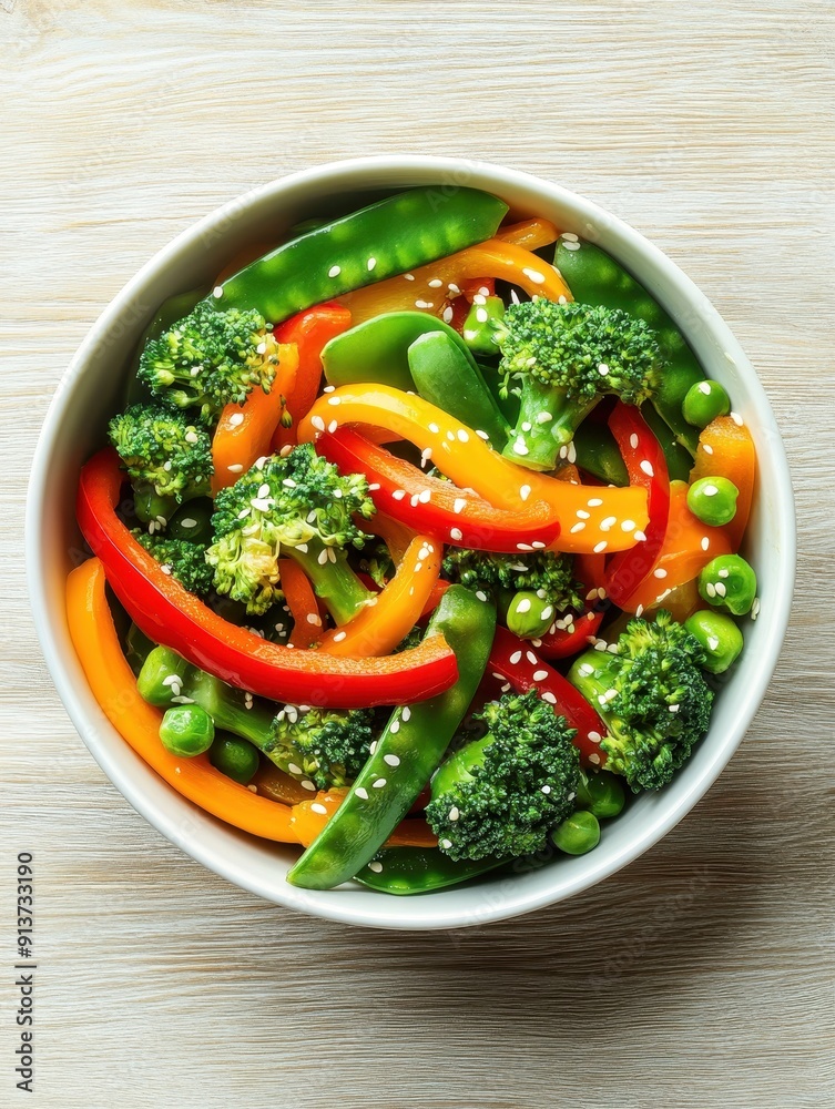 Healthy Stir-Fry Vegetables with Sesame Seeds - Colorful Broccoli, Peppers, and Snap Peas in a Bowl - Perfect for Vegan and Vegetarian Recipes Healthy Stir-Fry Vegetables with Sesame Seeds - Colorful Broccoli, Peppers, and Snap Peas in a Bowl - Perfect for Vegan and Vegetarian Recipes