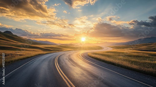 Curved road leading far into the horizon with stunning sunset and dramatic clouds, perfect for travel and adventure themes.