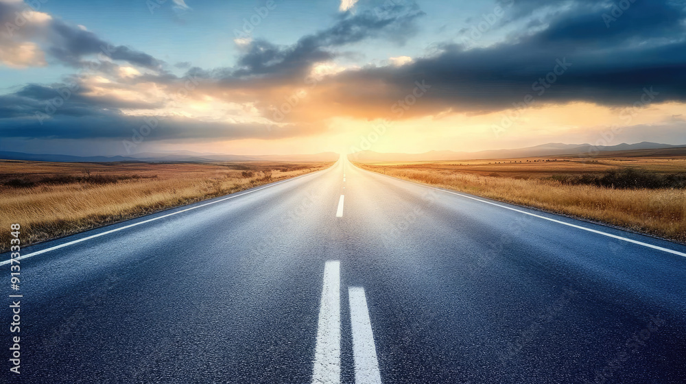 Naklejka premium Empty road leading to a bright sunrise, surrounded by open fields and a dramatic sky. Ideal for travel and adventure themes.