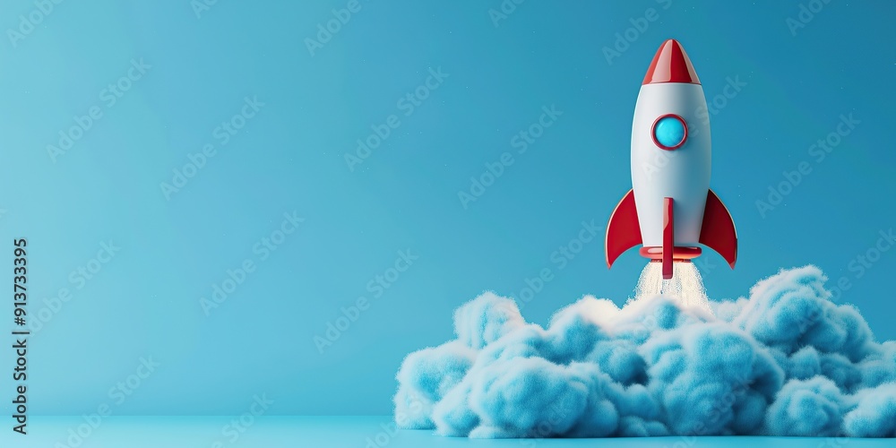Photo of A rocket on blue background Photo of A rocket on blue background