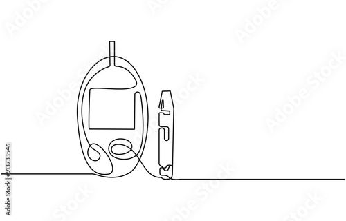 Continuous one line drawing of diabetes equipment's. Medical health care concept. Minimalistic art. Continuous one line drawing of diabetes measuring blood sugar before meal. Diabetic health concept