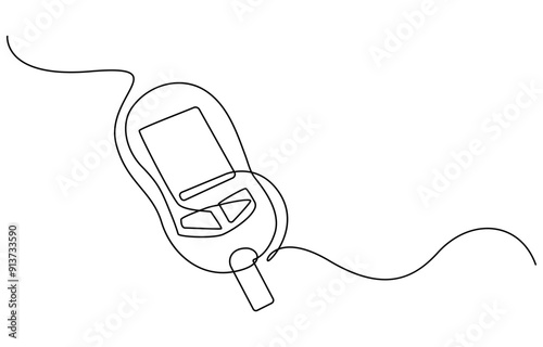 Continuous one line drawing of diabetes equipment's. Medical health care concept. Minimalistic art. Continuous one line drawing of diabetes measuring blood sugar before meal. Diabetic health concept