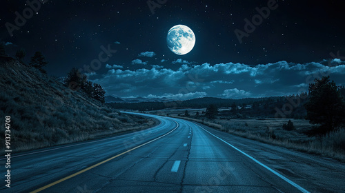 Scenic night highway under a full moon, surrounded by clouds and stars, offering a serene and tranquil natural landscape.