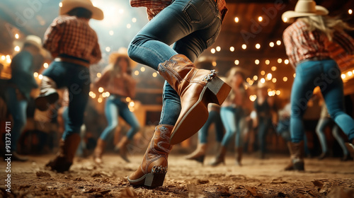 Line of people in jeans and cowboy boots performing country line dancing in a lively barn setting with string lights in the background.