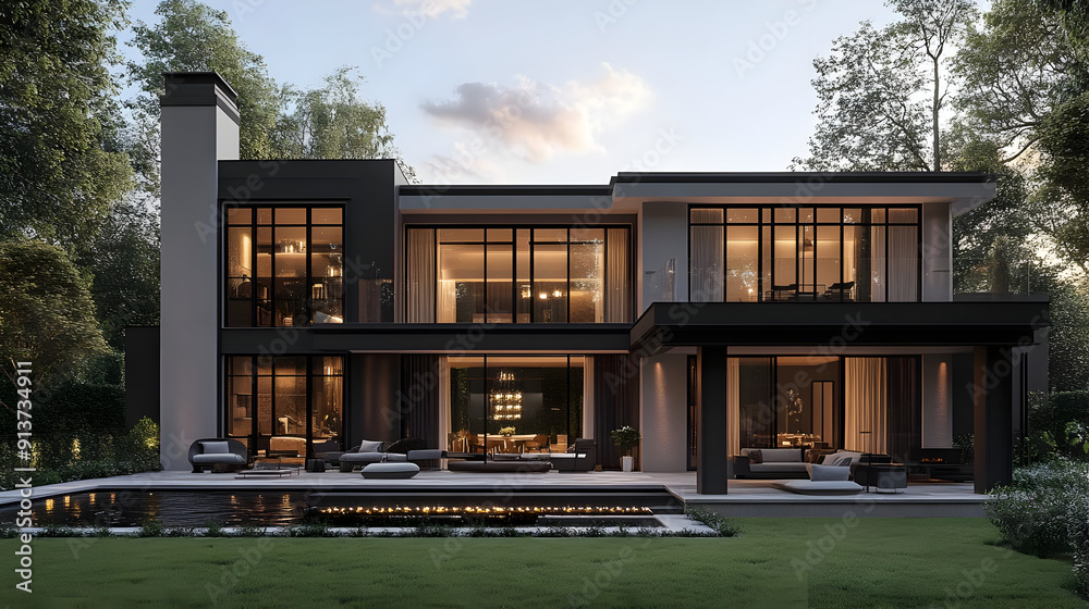Modern House with Pool and Fire Pit - 3D Illustration Modern House with Pool and Fire Pit - 3D Illustration