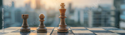 Close-up of chess pieces on a board with a city skyline in the background. Strategic concepts and decision-making in an urban setting.