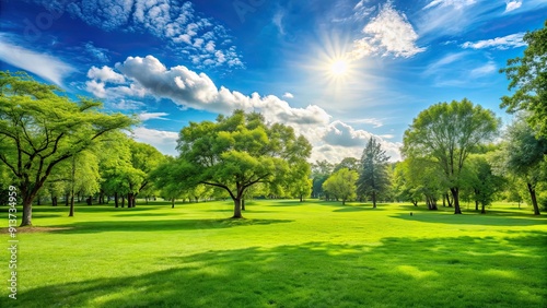 Fototapeta Naklejka Na Ścianę i Meble -  Green grassy park under a bright blue sky on a sunny summer day, summer, park, green, grass, sunny, blue sky, outdoors
