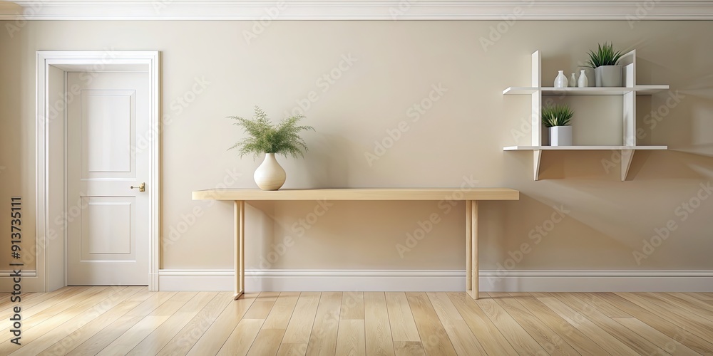 Stylish ivory minimalist wall shelf in a bright hallway with seamless mounting, clean lines, perfect for decor items Stylish ivory minimalist wall shelf in a bright hallway with seamless mounting, clean lines, perfect for decor items