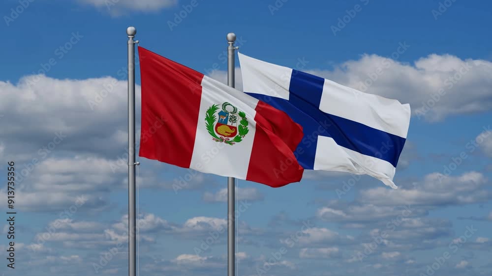 Finland and Peru flags flying together, video concept of the relationship, two country relations concept Finland and Peru flags flying together, video concept of the relationship, two country relations concept