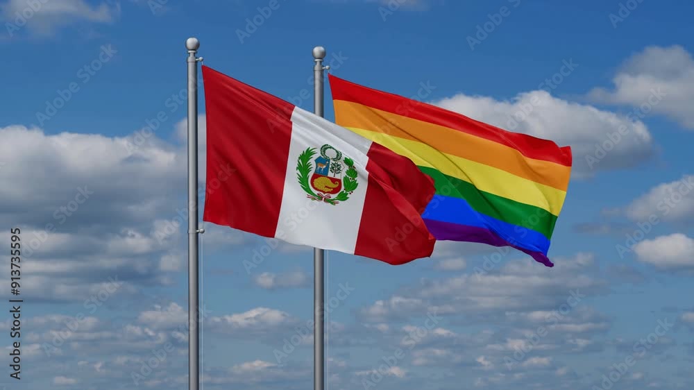 LGBT movement flag also Gay Pride and Peru two flags waving cycle looped video, tolerance conception in country LGBT movement flag also Gay Pride and Peru two flags waving cycle looped video, tolerance conception in country