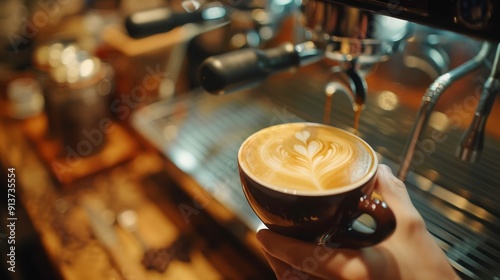  A person closely holds a mug of coffee against a coffee machine's spout, awaiting the pour