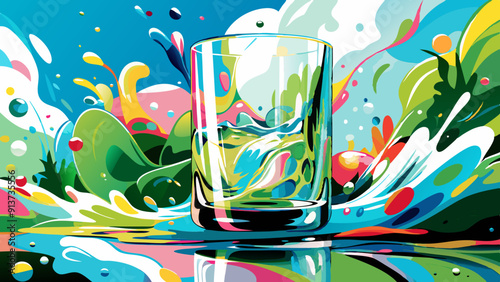 Vibrant Abstract Splash Art with Glass of Water Illustration