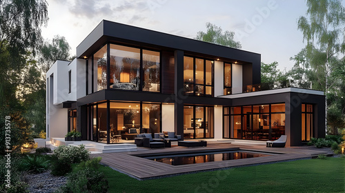 Modern House with Pool and Patio - 3D Illustration