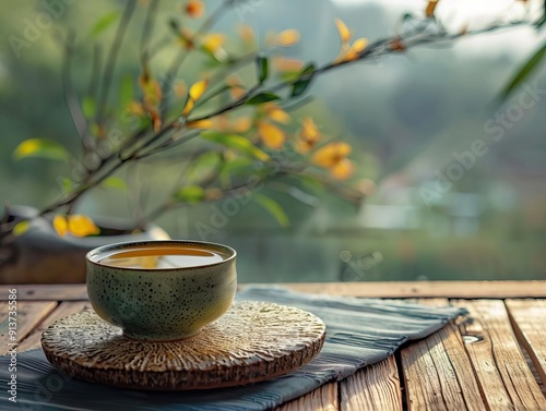 Expertly brewed oolong tea in a ceramic mug, traditional preparation, serene background