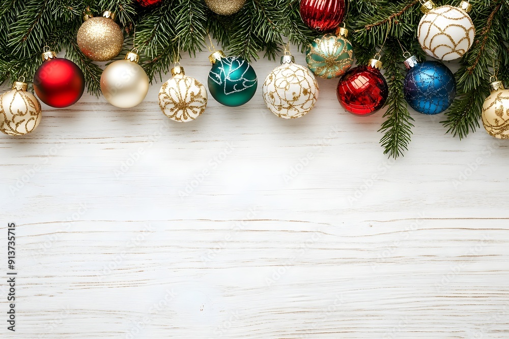 Fototapeta premium Multicolored Christmas Ornaments on White Wood Background