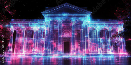 Holographic projection of a classical building in a futuristic digital space, with a vibrant blue and black background, embodying a concept of innovation