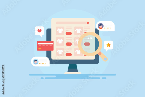 Ecommerce product search, online shopping item browsing on internet marketplace, vector illustration.