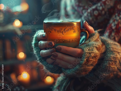 Skilled hands holding a mug of expertly brewed tea, detailed craftsmanship, cozy setting photo