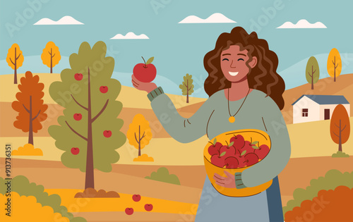 Harvest festival banner. Happy harvest poster. Autumn, harvest and Thanksgiving concept.  Woman with basket of apples, picking apples at the nature.	