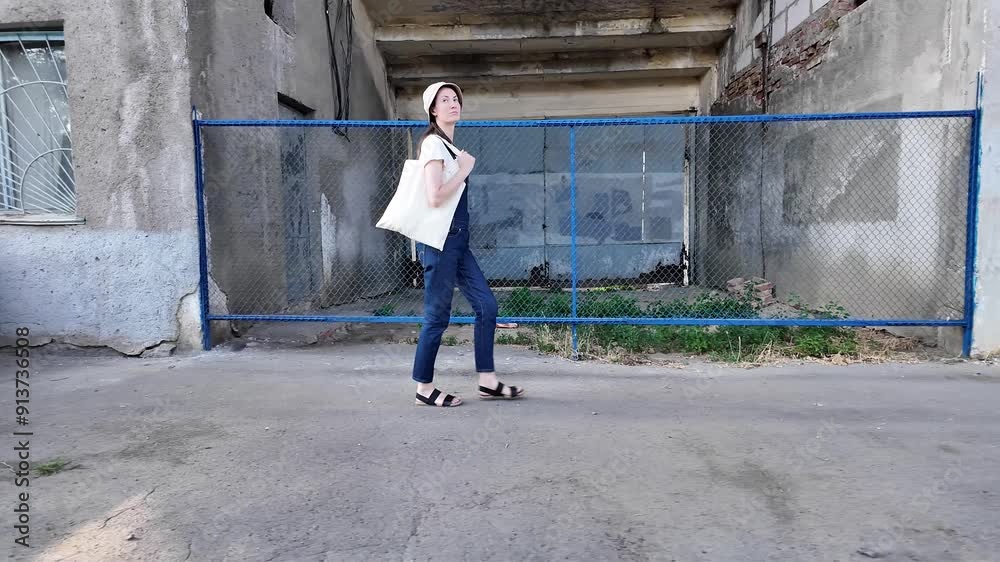 Woman walking in the city with tote eco white bag Woman walking in the city with tote eco white bag