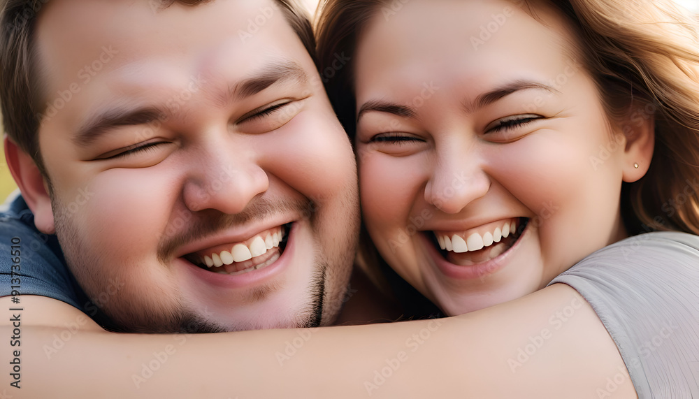 Joyful Embrace Close-Up of a Happy Fat Caucasian Couple Laughing and Hugging, Capturing Love, Happiness, and Connection in Their Affectionate Embrace - Minimal Background Focus Joyful Embrace Close-Up of a Happy Fat Caucasian Couple Laughing and Hugging, Capturing Love, Happiness, and Connection in Their Affectionate Embrace - Minimal Background Focus
