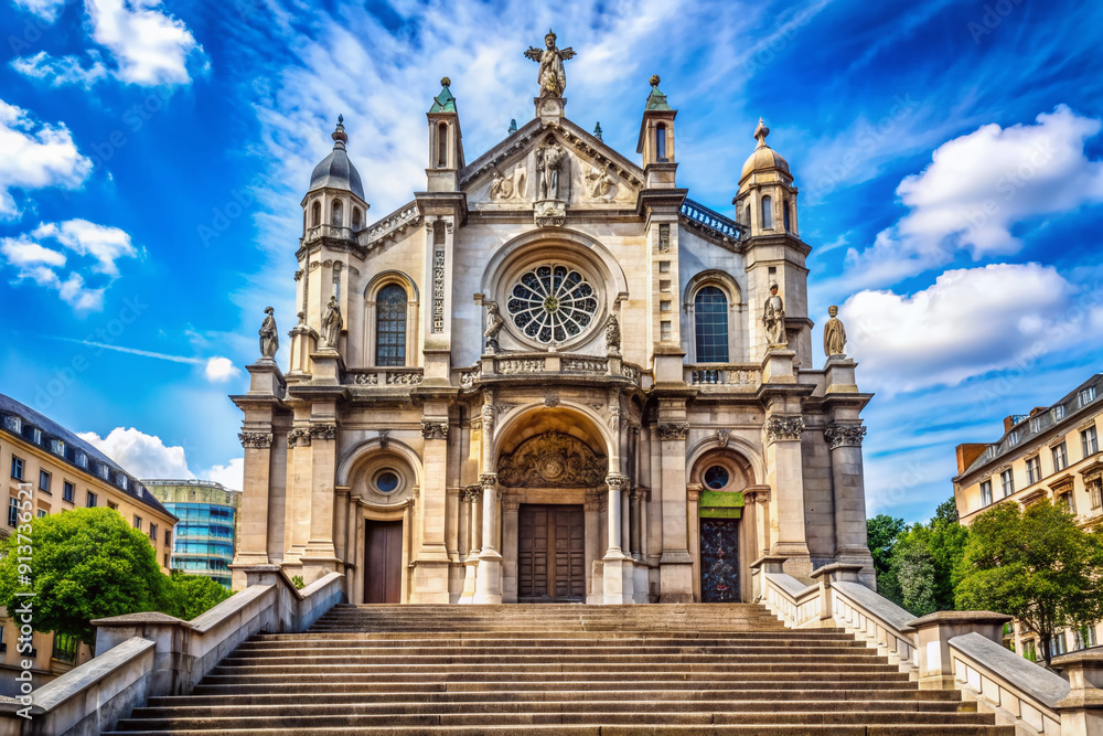 Obraz premium Historic stone façade of the Eglise du Saint-Sacrement Catholic Church in Brussels, Belgium, featuring intricate details, grand staircase, and elegant architecture.