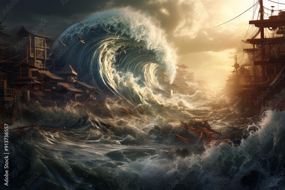Fototapeta premium Terrifying Tsunami city wave. Big splash. Generate Ai