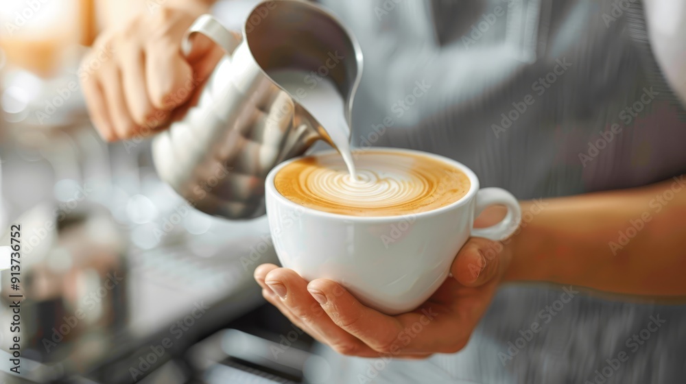 A person closely pours coffee into a pristine white cup, accompanied by a saucer A person closely pours coffee into a pristine white cup, accompanied by a saucer
