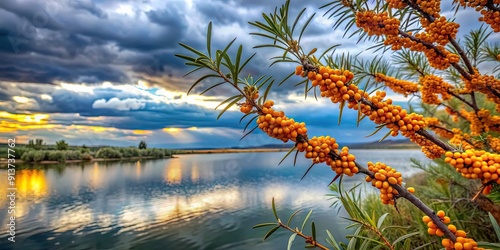 Sea buckthorn branches with cloudy sky and lake in background in Burabai Nature National Park, Kazakhstan photo