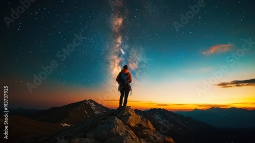 A woman climbing a mountain ridge at night, her silhouette outlined by the Milky Way, with the rugged landscape and distant peaks bathed in the soft, ethereal light of the stars