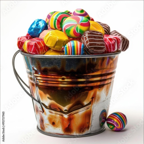 Candy bucket on solid white background, single object photo