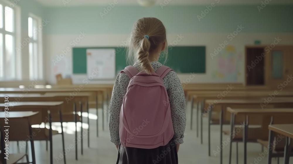 A girl wearing a pink backpack stands in a classroom A girl wearing a pink backpack stands in a classroom