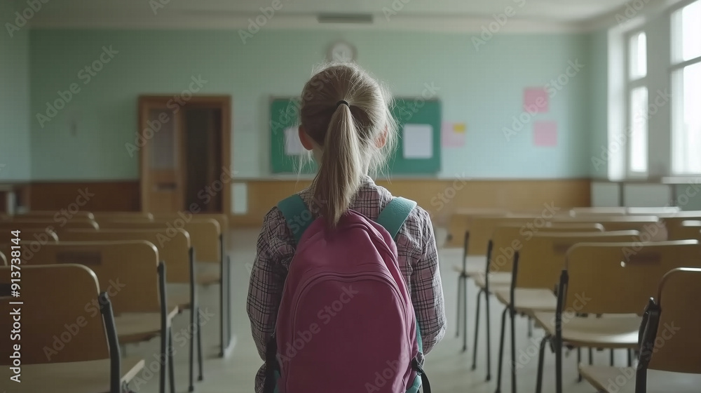 A girl wearing a pink backpack stands in a classroom with empty chairs A girl wearing a pink backpack stands in a classroom with empty chairs