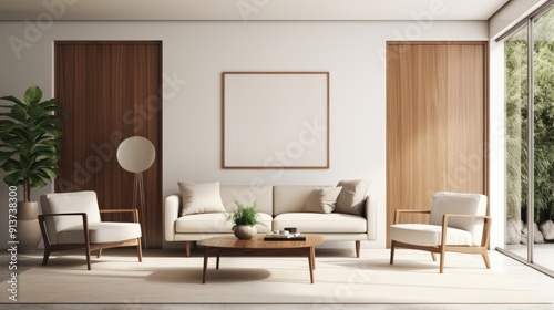 Modern living room interior with door and armchairs 