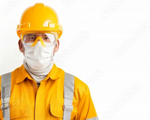 Factory worker wearing safety gear on solid white background, single object