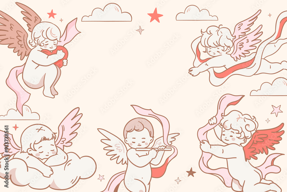 Fototapeta premium Hand drawn vintage angels background
