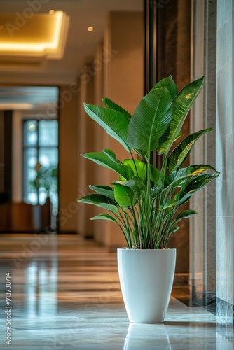 Large leafed plants in white pots 